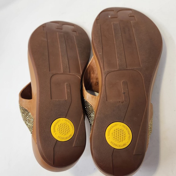 FitFlop Womens Banda Brown Leather Gold Crystal Thong Sandals Size 9 Toe Post - Picture 9 of 9